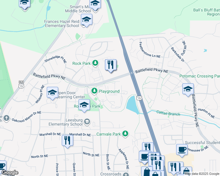 map of restaurants, bars, coffee shops, grocery stores, and more near 520 Peppermill Terrace Northeast in Leesburg