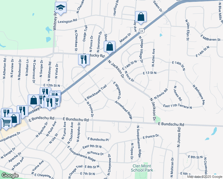 map of restaurants, bars, coffee shops, grocery stores, and more near 18850 East Wigwam Place in Independence