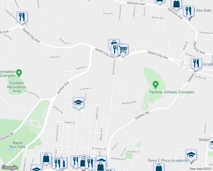 map of restaurants, bars, coffee shops, grocery stores, and more near 2325 Wyoming Avenue in Cincinnati