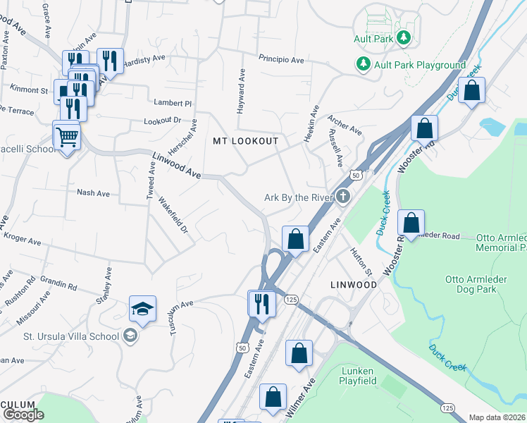 map of restaurants, bars, coffee shops, grocery stores, and more near 3552 Linwood Avenue in Cincinnati