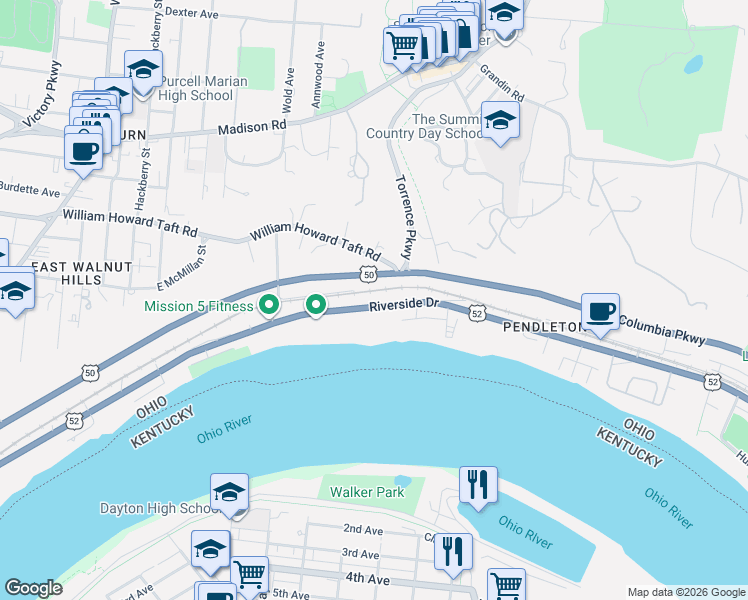 map of restaurants, bars, coffee shops, grocery stores, and more near 2416 Riverside Drive in Cincinnati