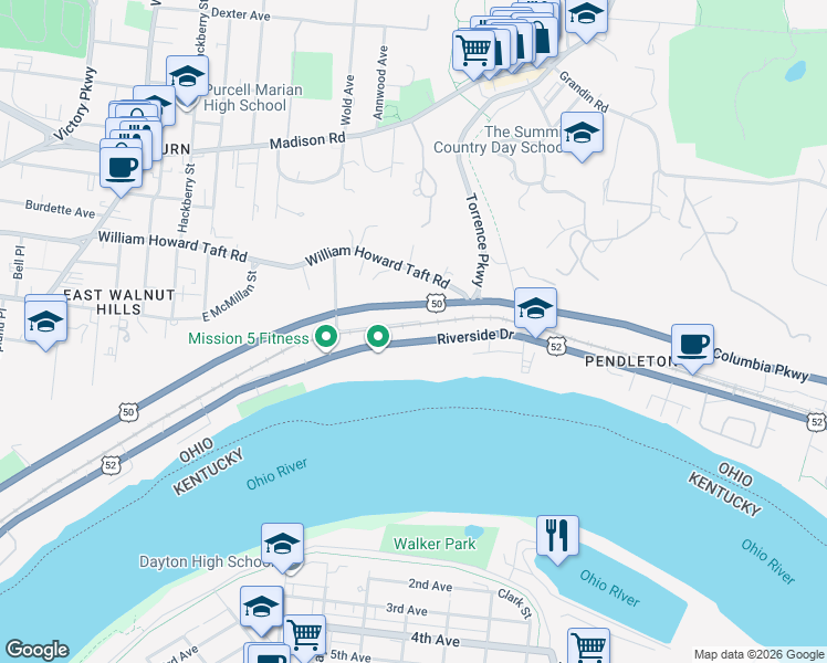 map of restaurants, bars, coffee shops, grocery stores, and more near 2355 Gladstone Avenue in Cincinnati