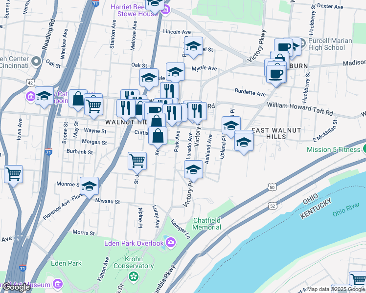 map of restaurants, bars, coffee shops, grocery stores, and more near 2356 Park Avenue in Cincinnati