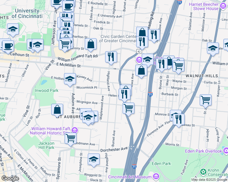 map of restaurants, bars, coffee shops, grocery stores, and more near 2350 Burnet Avenue in Cincinnati