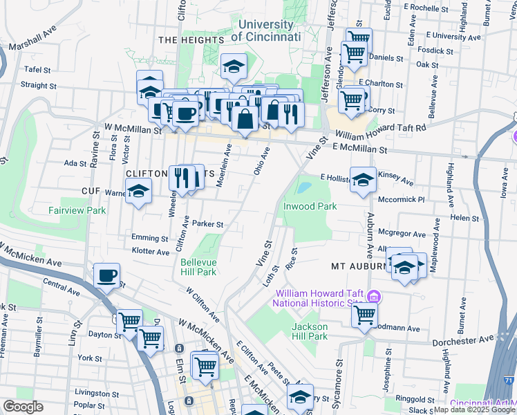 map of restaurants, bars, coffee shops, grocery stores, and more near 2330 Ohio Avenue in Cincinnati