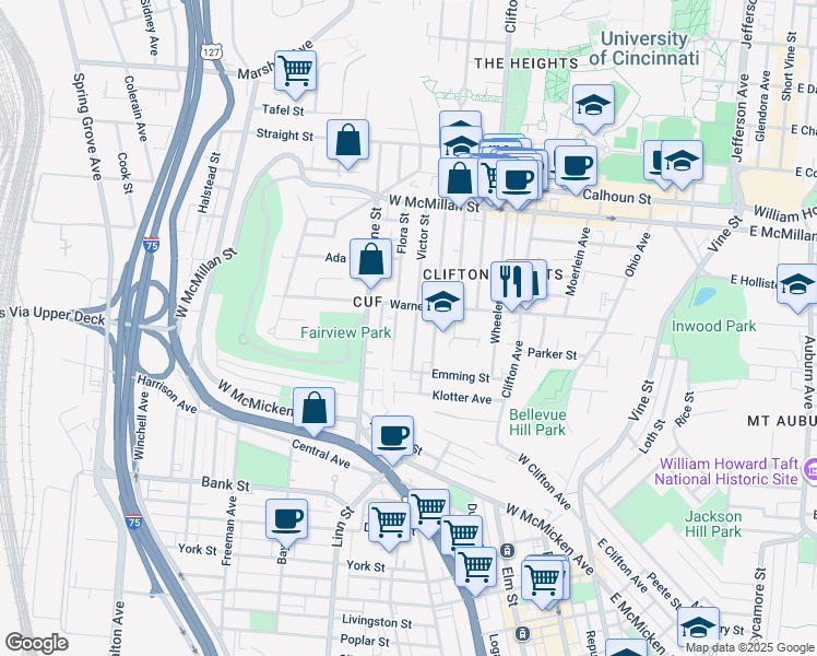 map of restaurants, bars, coffee shops, grocery stores, and more near in Cincinnati