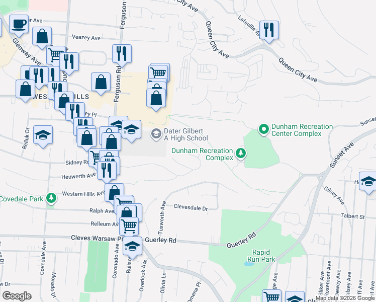 map of restaurants, bars, coffee shops, grocery stores, and more near 1898 Ashbrook Drive in Cincinnati