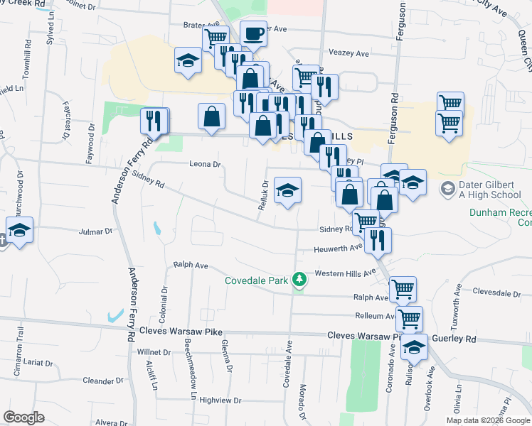 map of restaurants, bars, coffee shops, grocery stores, and more near 5213 Relluk Drive in Cincinnati