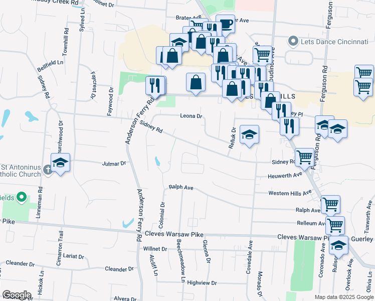 map of restaurants, bars, coffee shops, grocery stores, and more near 5231 Sidney Road in Cincinnati