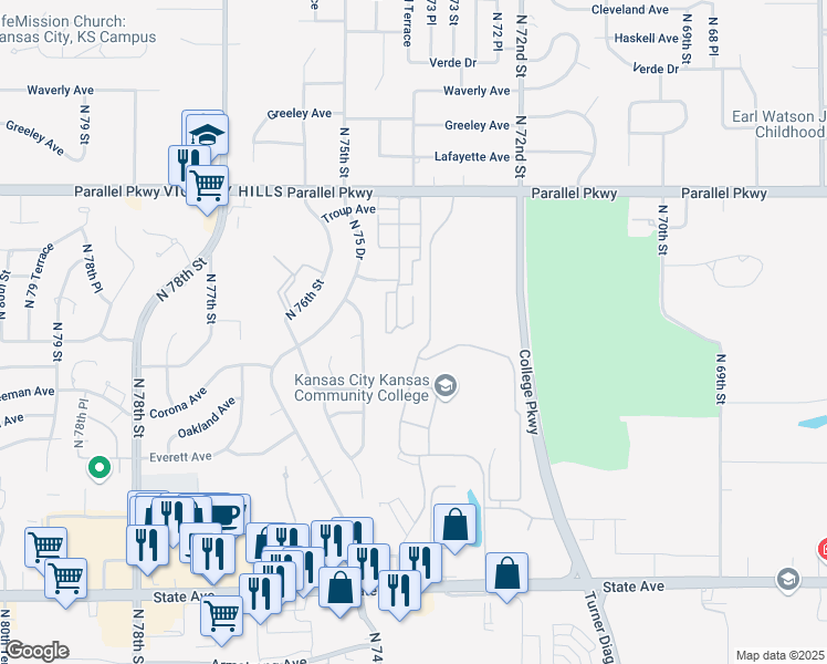 map of restaurants, bars, coffee shops, grocery stores, and more near 1719 North 74 Street in Kansas City