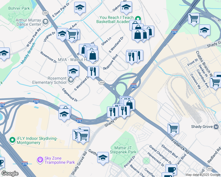 map of restaurants, bars, coffee shops, grocery stores, and more near 16567 Frederick Road in Gaithersburg