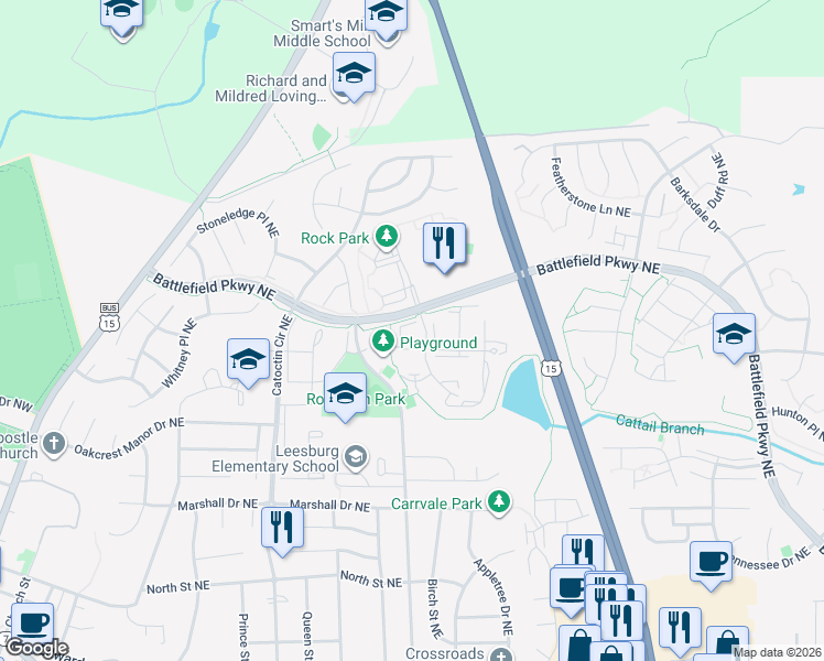 map of restaurants, bars, coffee shops, grocery stores, and more near 526 Jared Square Northeast in Leesburg