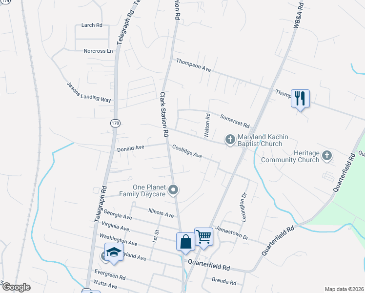 map of restaurants, bars, coffee shops, grocery stores, and more near 1640 Coolidge Avenue in Severn