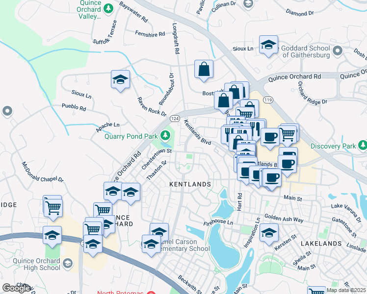 map of restaurants, bars, coffee shops, grocery stores, and more near 122 Kendrick Place in Gaithersburg