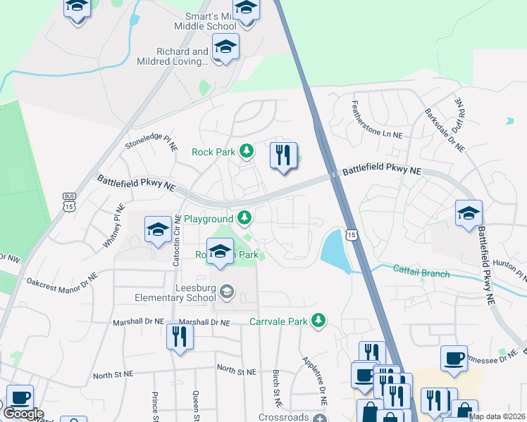 map of restaurants, bars, coffee shops, grocery stores, and more near 528 Jared Square Northeast in Leesburg