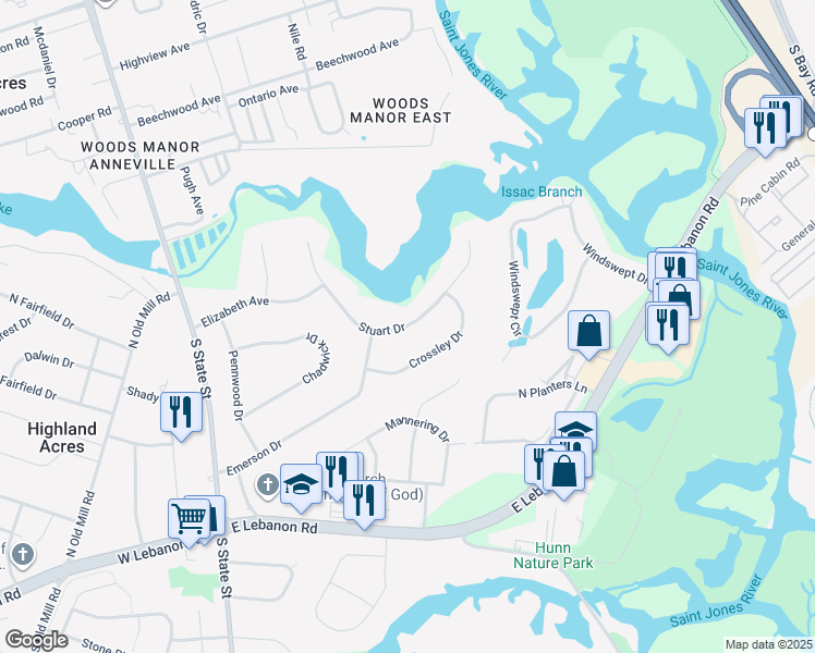 map of restaurants, bars, coffee shops, grocery stores, and more near 105 Stuart Drive in Dover