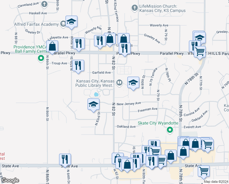 map of restaurants, bars, coffee shops, grocery stores, and more near 1715 North 82nd Street in Kansas City