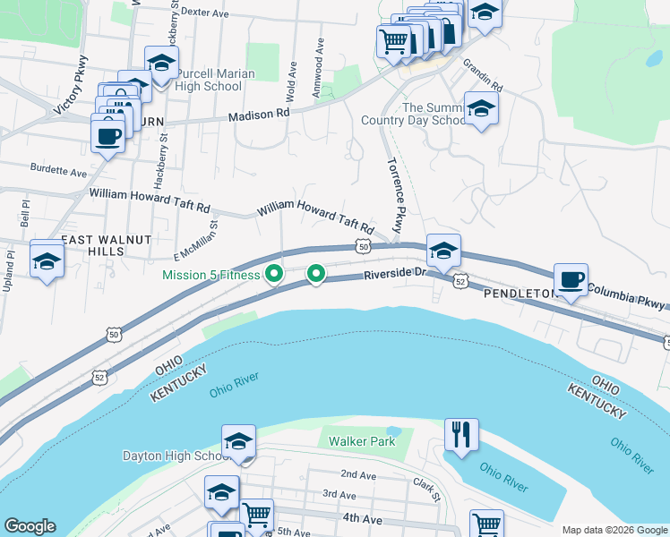 map of restaurants, bars, coffee shops, grocery stores, and more near 2355 Gladstone Avenue in Cincinnati