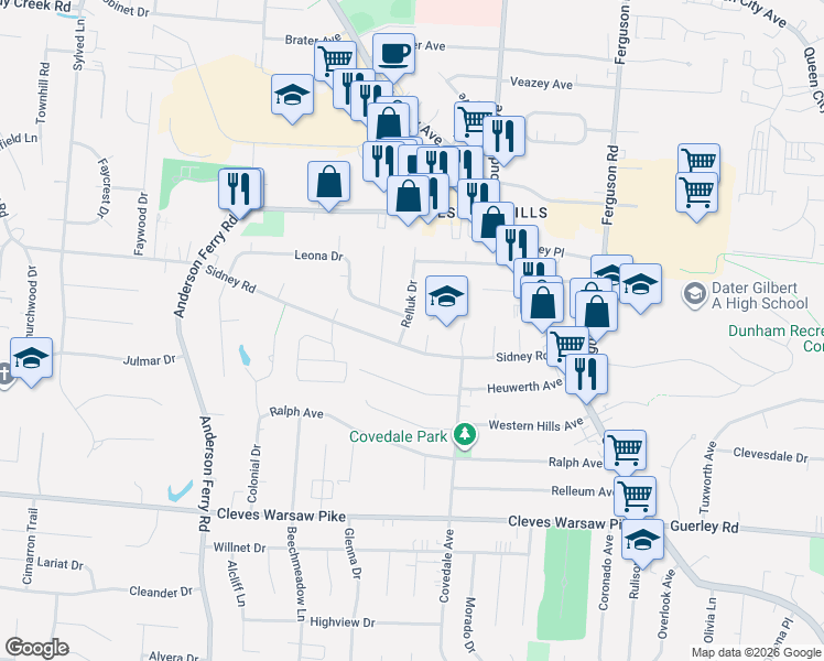map of restaurants, bars, coffee shops, grocery stores, and more near 5213 Relluk Drive in Cincinnati