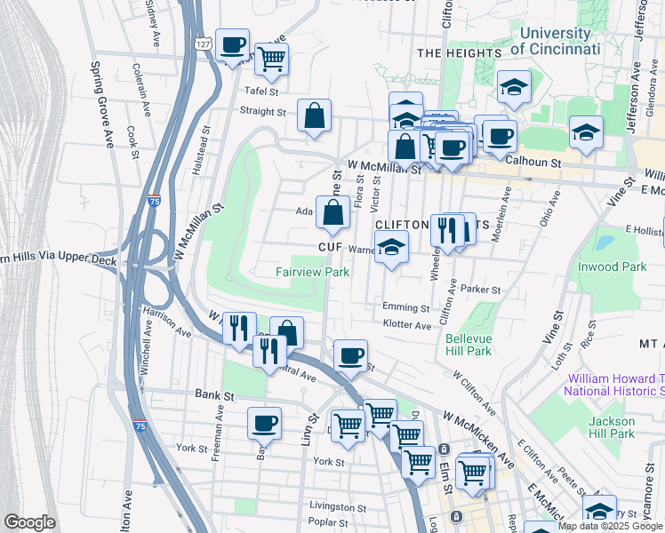 map of restaurants, bars, coffee shops, grocery stores, and more near 2234 Ravine Street in Cincinnati