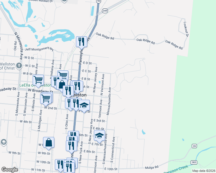 map of restaurants, bars, coffee shops, grocery stores, and more near 517E East A Street in Wellston