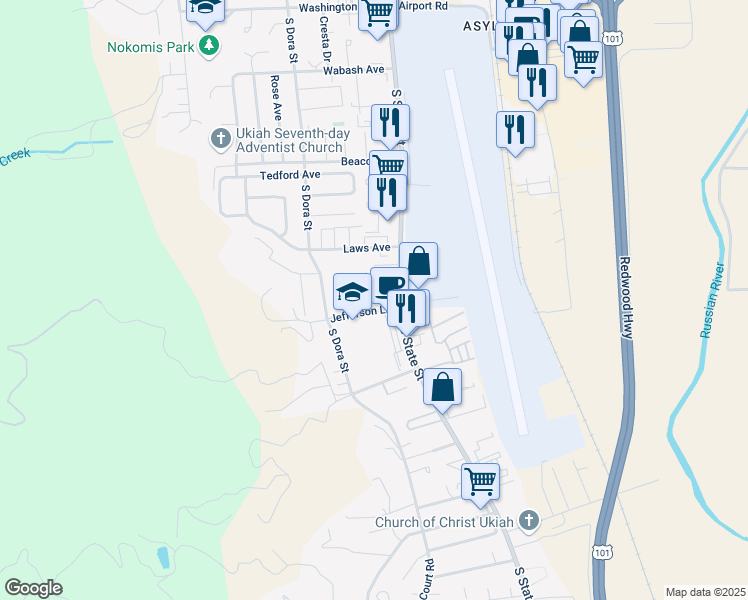 map of restaurants, bars, coffee shops, grocery stores, and more near 160 Jefferson Lane in Ukiah