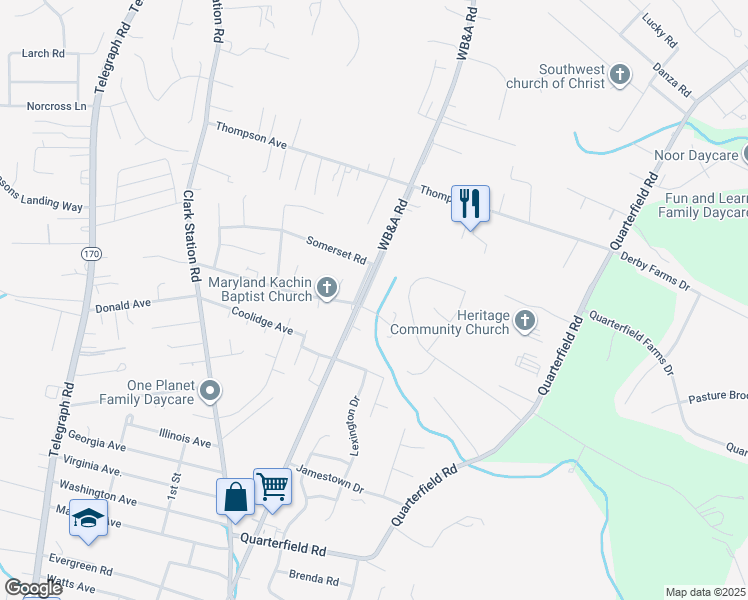 map of restaurants, bars, coffee shops, grocery stores, and more near 1171 Delmont Road in Severn