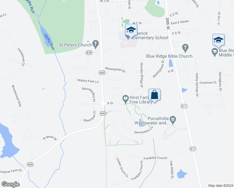 map of restaurants, bars, coffee shops, grocery stores, and more near 405 Gatepost Court in Purcellville