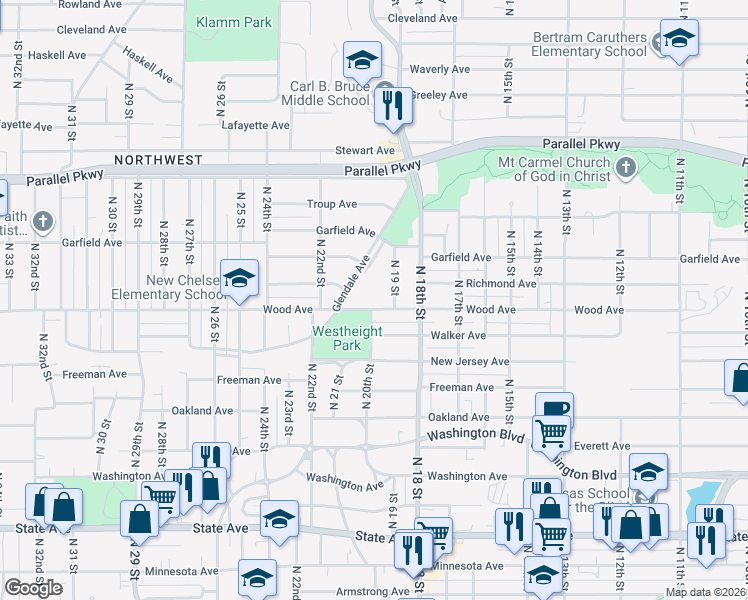 map of restaurants, bars, coffee shops, grocery stores, and more near 1918 Wood Avenue in Kansas City