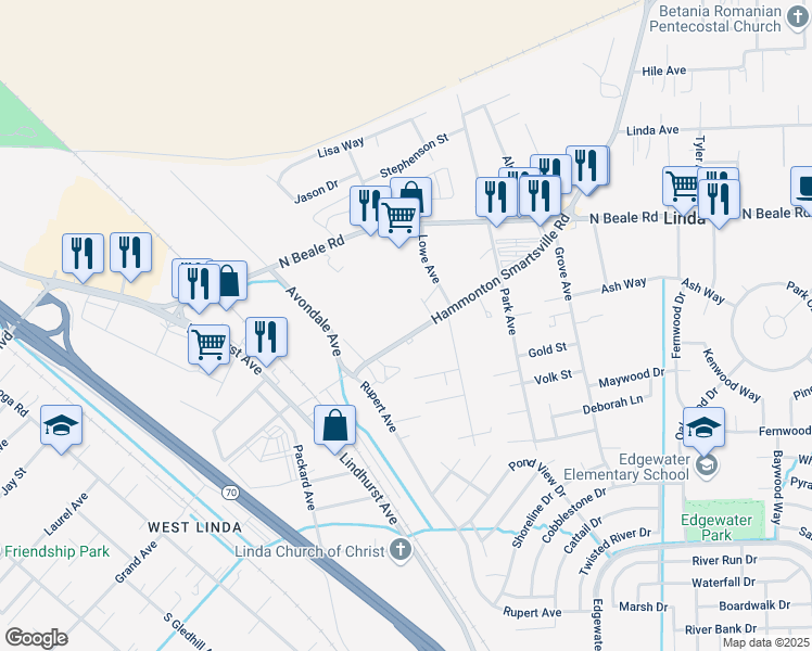 map of restaurants, bars, coffee shops, grocery stores, and more near 1481 Hammonton Smartsville Road in Linda