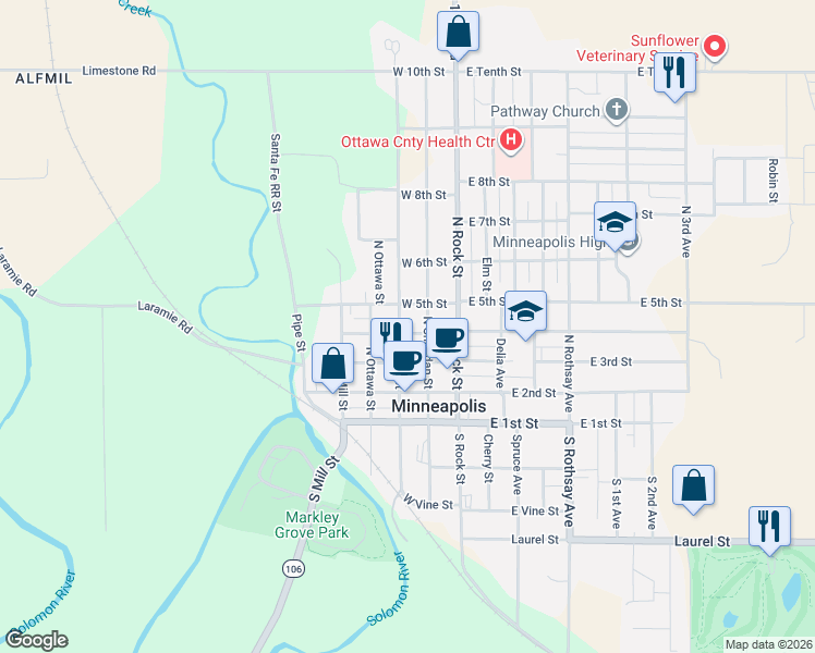 map of restaurants, bars, coffee shops, grocery stores, and more near 401-499 North Concord Street in Minneapolis