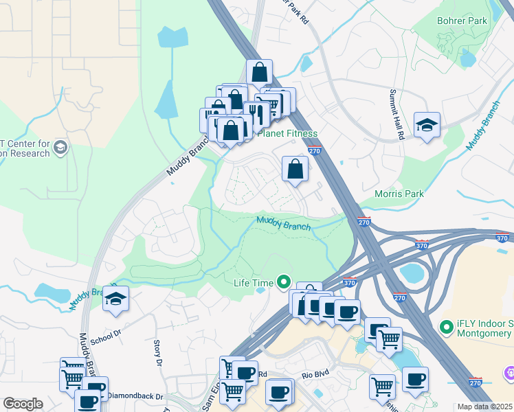 map of restaurants, bars, coffee shops, grocery stores, and more near 393 West Side Drive in Gaithersburg