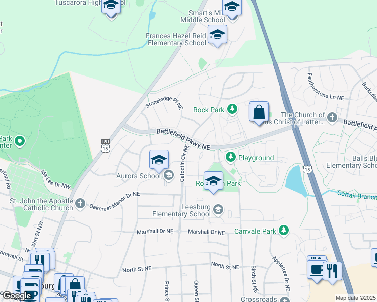 map of restaurants, bars, coffee shops, grocery stores, and more near 339 Stallion Square Northeast in Leesburg