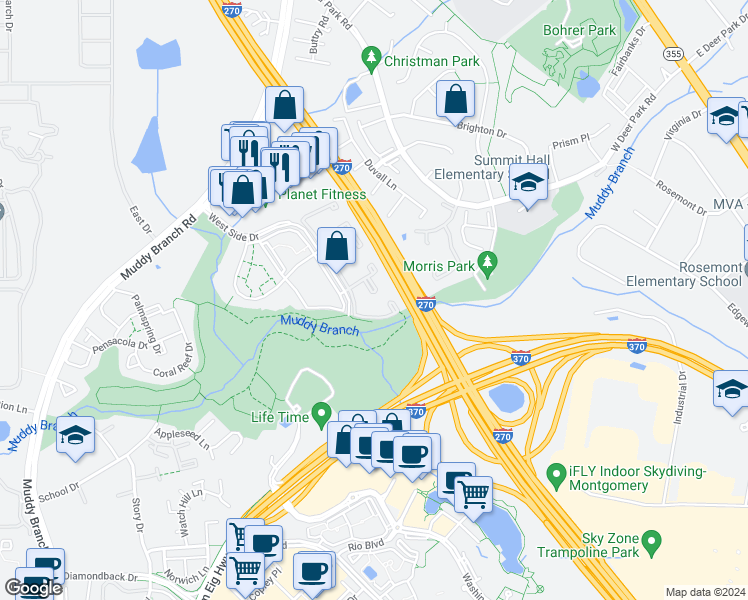 map of restaurants, bars, coffee shops, grocery stores, and more near 1044 West Side Drive in Gaithersburg