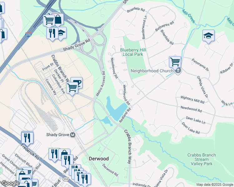 map of restaurants, bars, coffee shops, grocery stores, and more near 8131 Needwood Road in Derwood