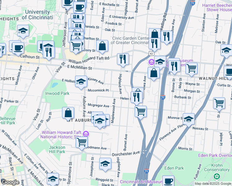 map of restaurants, bars, coffee shops, grocery stores, and more near 287 Mccormick Place in Cincinnati