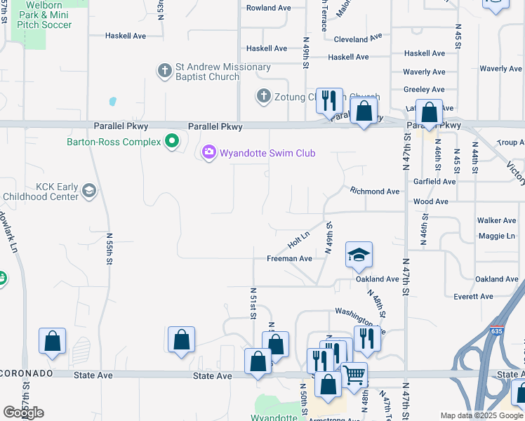 map of restaurants, bars, coffee shops, grocery stores, and more near 1724 North 50 Terrace in Kansas City