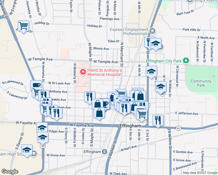 map of restaurants, bars, coffee shops, grocery stores, and more near 403 West Saint Louis Avenue in Effingham
