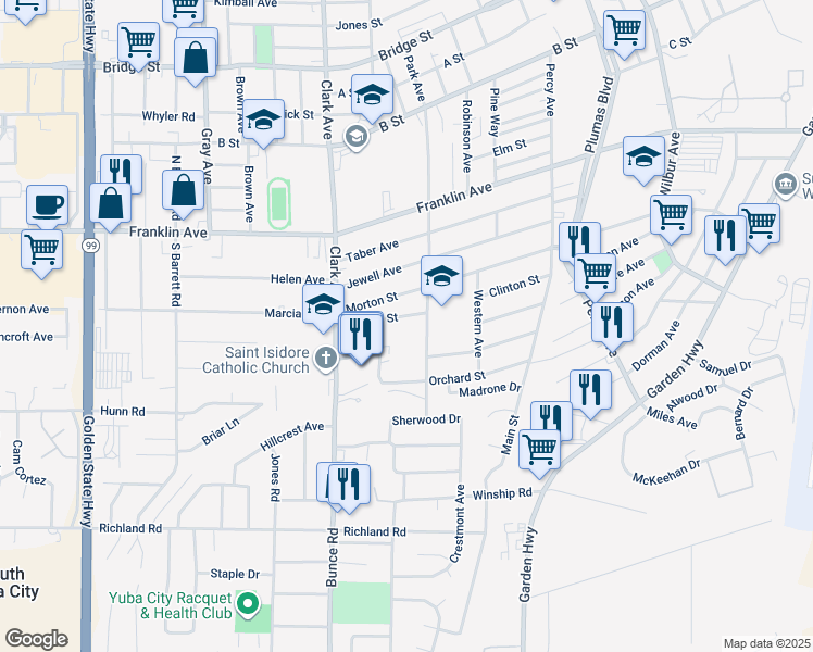 map of restaurants, bars, coffee shops, grocery stores, and more near 146 Clinton Street in Yuba City