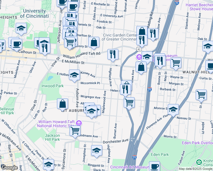 map of restaurants, bars, coffee shops, grocery stores, and more near 287 Mccormick Place in Cincinnati