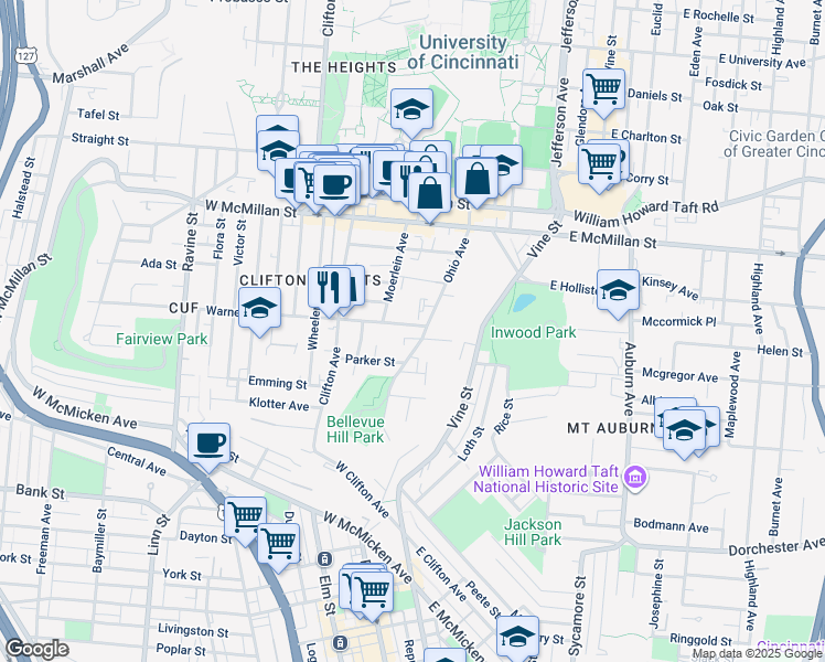 map of restaurants, bars, coffee shops, grocery stores, and more near 137 Warner Street in Cincinnati