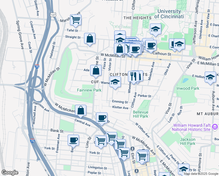 map of restaurants, bars, coffee shops, grocery stores, and more near in Cincinnati