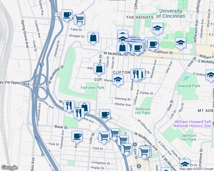 map of restaurants, bars, coffee shops, grocery stores, and more near 2249 Flora Street in Cincinnati
