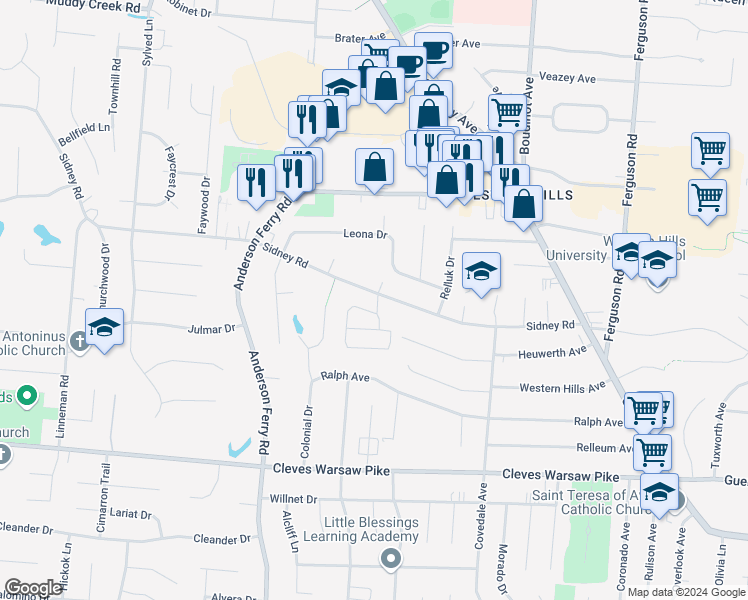 map of restaurants, bars, coffee shops, grocery stores, and more near 5231 Sidney Road in Cincinnati