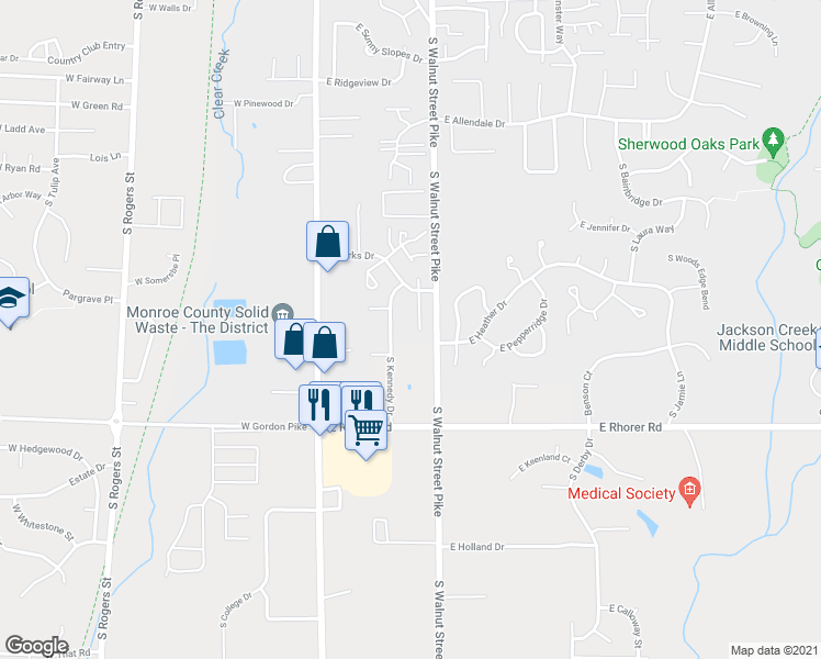 map of restaurants, bars, coffee shops, grocery stores, and more near 3508 South Burks Court in Bloomington