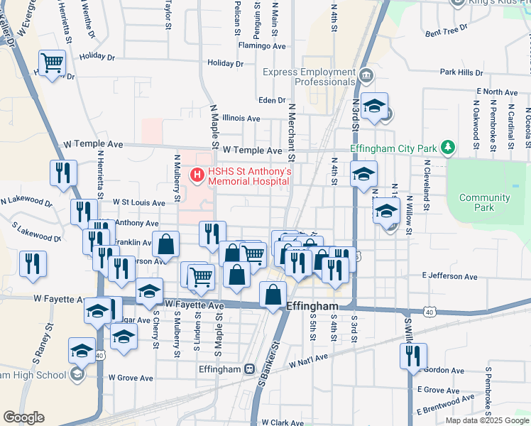 map of restaurants, bars, coffee shops, grocery stores, and more near 403 W St Louis Ave in Effingham