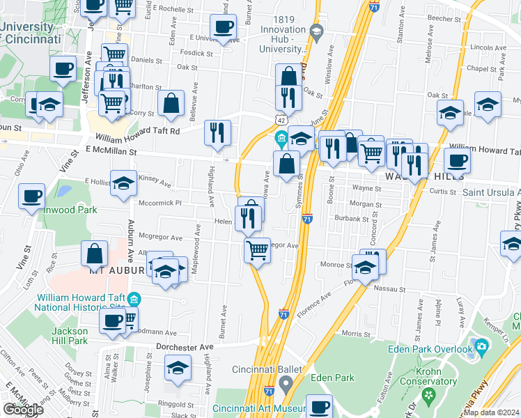 map of restaurants, bars, coffee shops, grocery stores, and more near 2343 Iowa Avenue in Cincinnati
