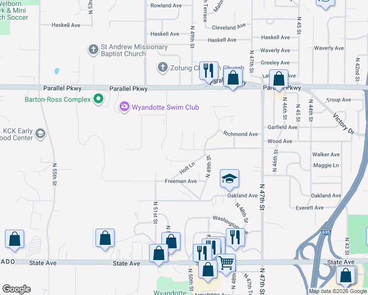 map of restaurants, bars, coffee shops, grocery stores, and more near 4936 Wood Avenue in Kansas City