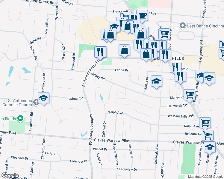 map of restaurants, bars, coffee shops, grocery stores, and more near 1694 Brunnerwood Drive in Cincinnati