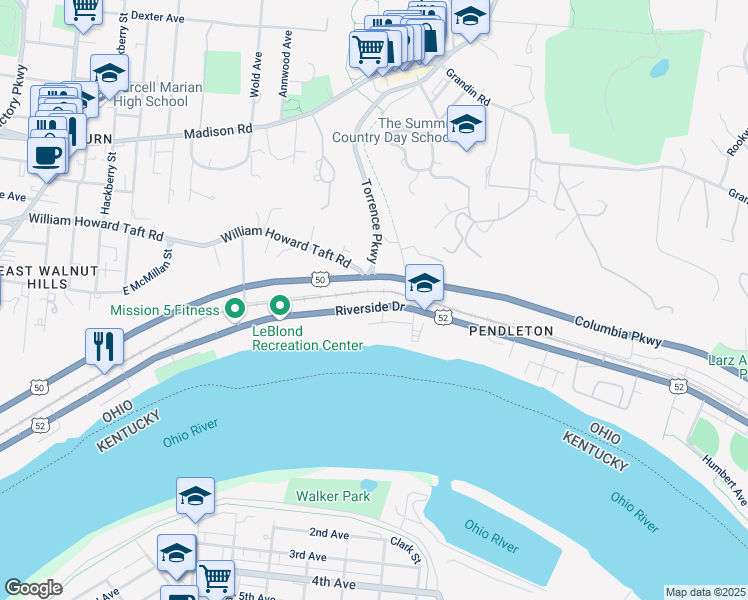 map of restaurants, bars, coffee shops, grocery stores, and more near 2448 Riverside Drive in Cincinnati